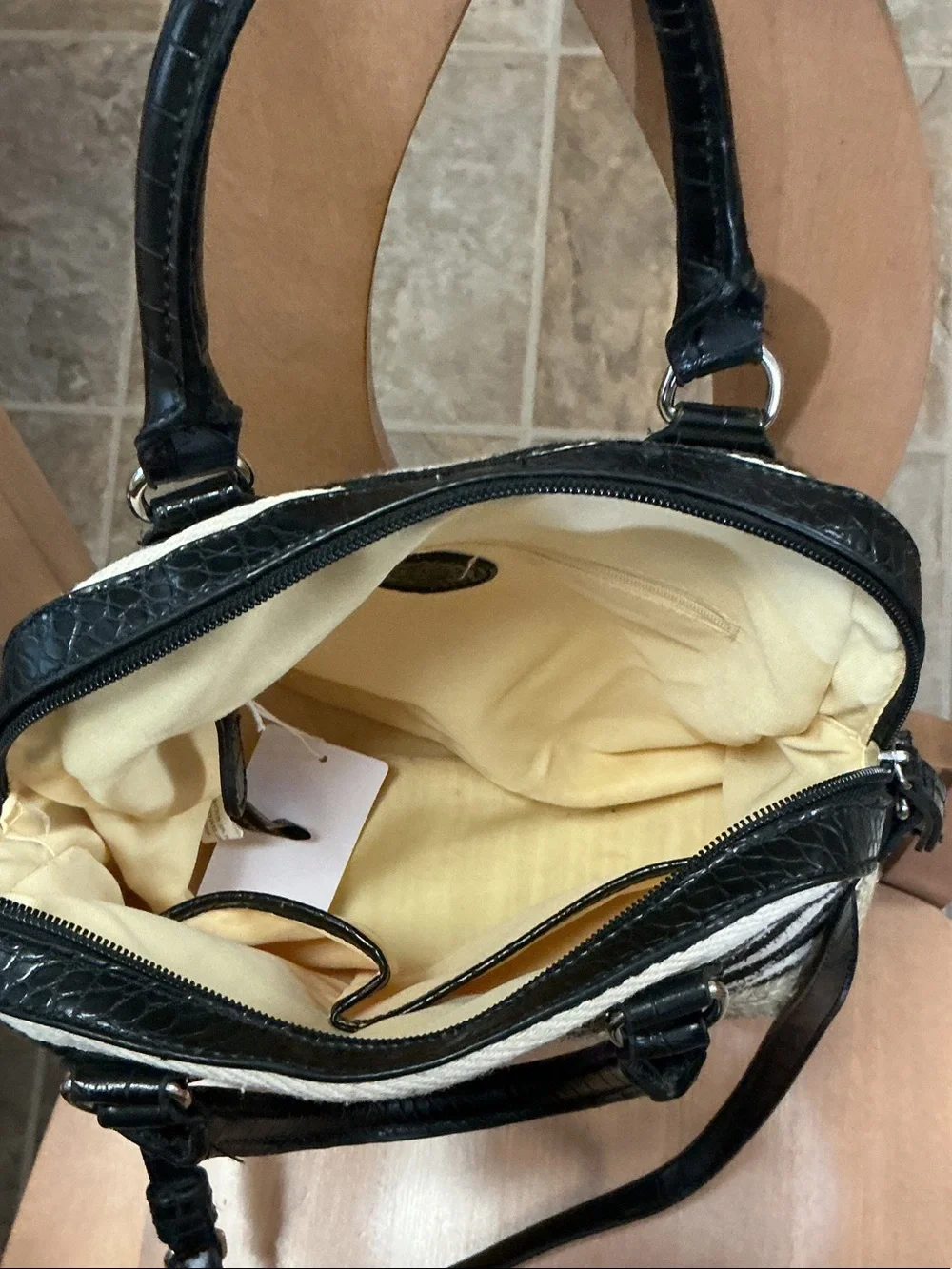 Dana Buchman Black White Straw Satchel Crossbody Bag Woven Top Handle Resort